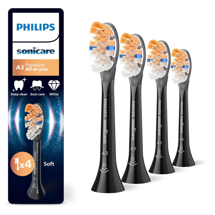 Philips Sonicare A3 Premium All-in-One, Original Ersatzbürstenköpfe, Schwarz, 4er-Pack, HX9094/88 Ne