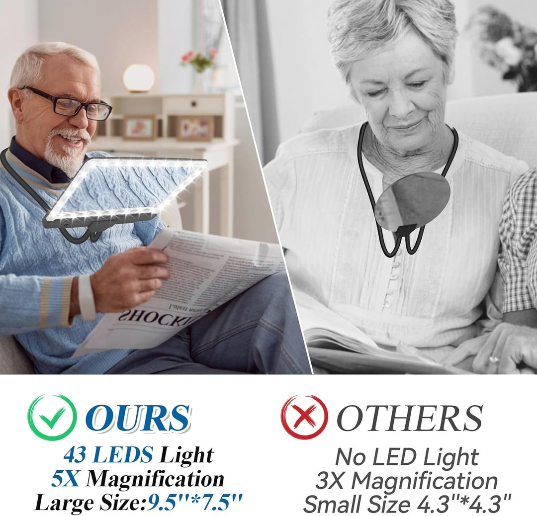 NZQXJXZ 5X Hands Free Lupe mit Licht hängenden Hals, 43 LED Flexible Schwanenhals Full Page Vergröss