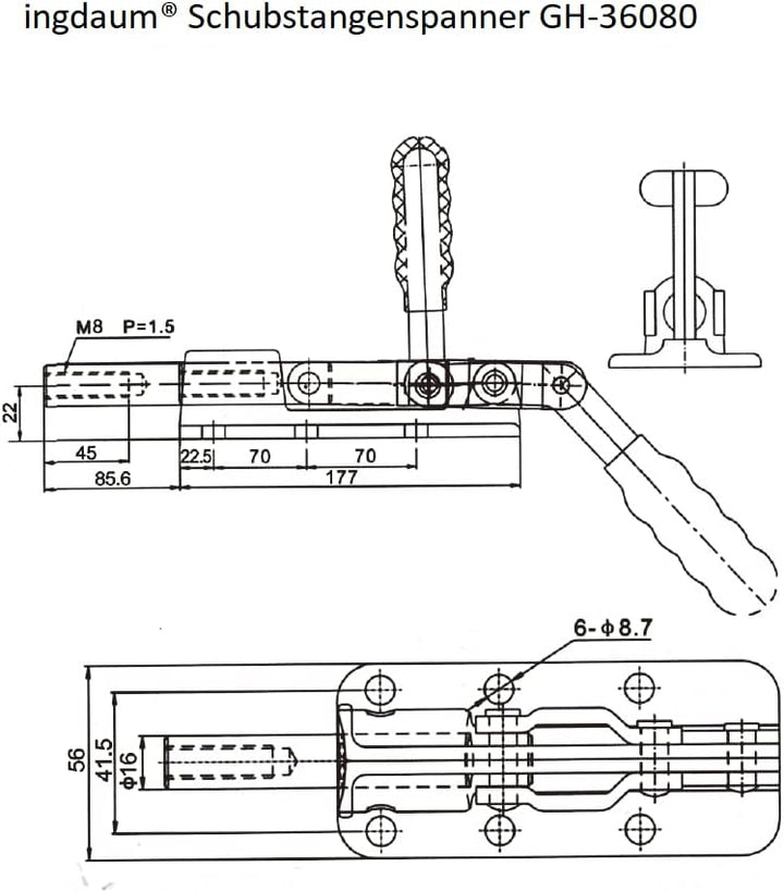 INGDAUM® Schubstangenspanner Haltekraft 580 kg, GH-36080, Hub 80 mm, Einstellbarer Schubstangenspann