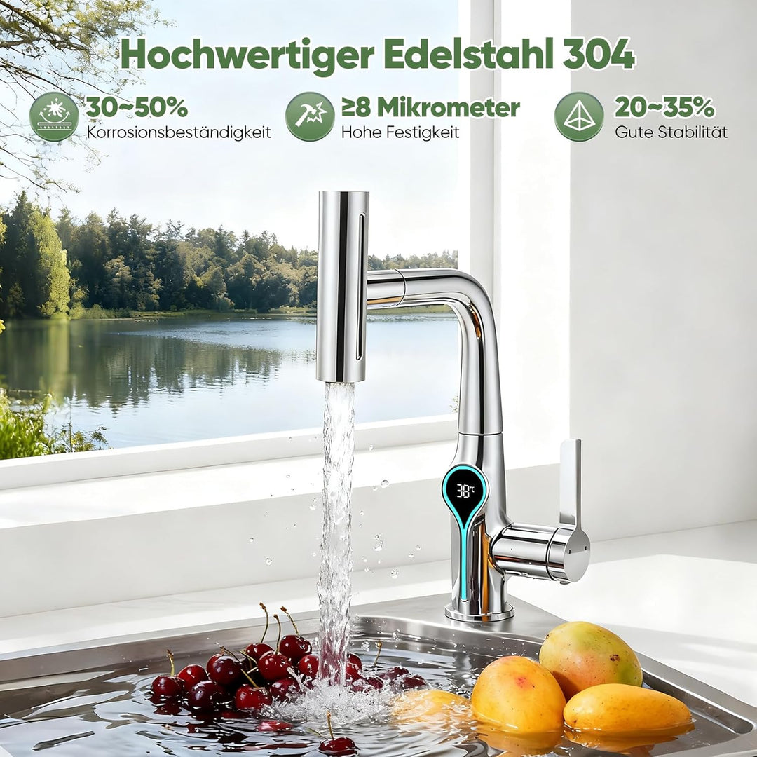 Wasserhahn Küche mit LED Temperaturanzeige, Wasserhahn Küche Ausziehbar, Hochdruck Küchenarmatur mit