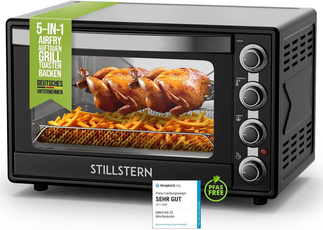 Stillstern Minibackofen mit Umluft (60L) Deutsche Version, Auftauen, Ofenhandschuhe, Rezeptheft, Dre