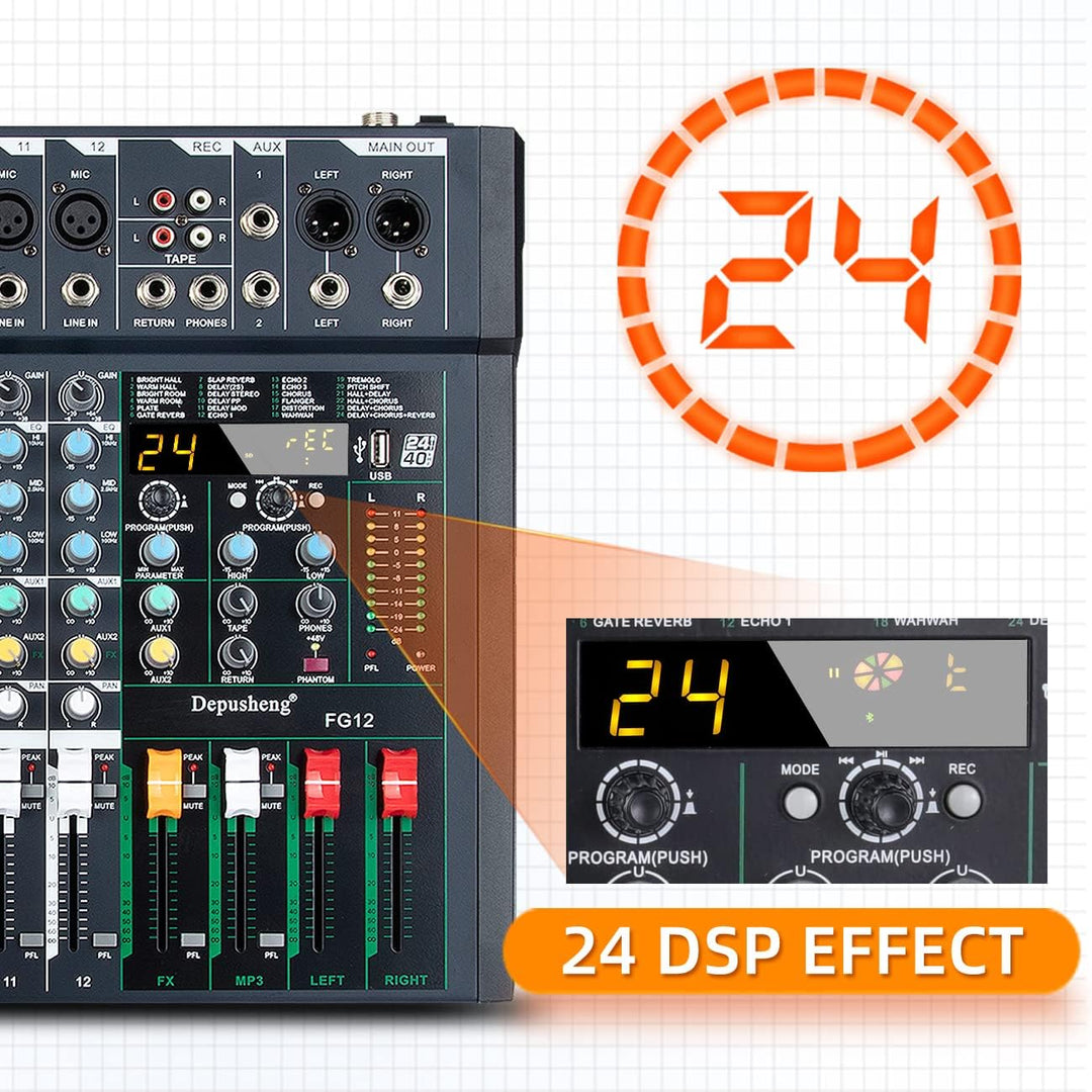 Depusheng FG12 Professioneller 12-Kanal-Audio-Mixer für Computeraufnahmen, Sound-Controller-Schnitts