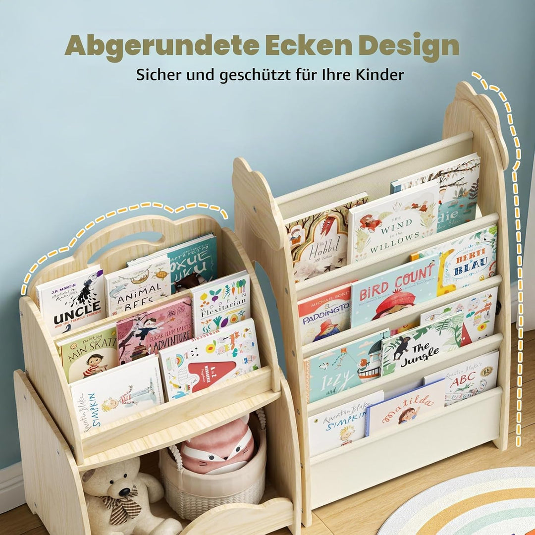 3-in-1 Kinderregal, Holz Kinder Bücherregal mit Spielzeugregal &amp; Hängetasche &amp; Offenem Fach, Tragbar