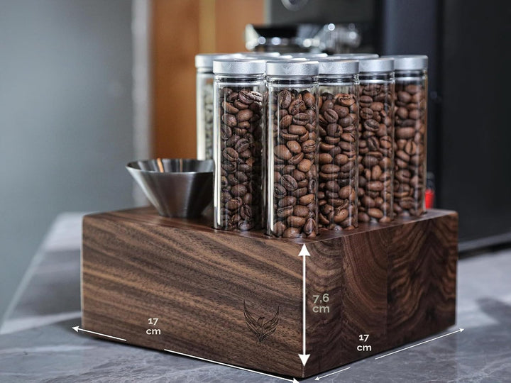 Kaffee Röhrchen Set – 12 Glasröhrchen mit Einweg-Entlüftungsventil, Walnussständer & Edelstahl-Trich