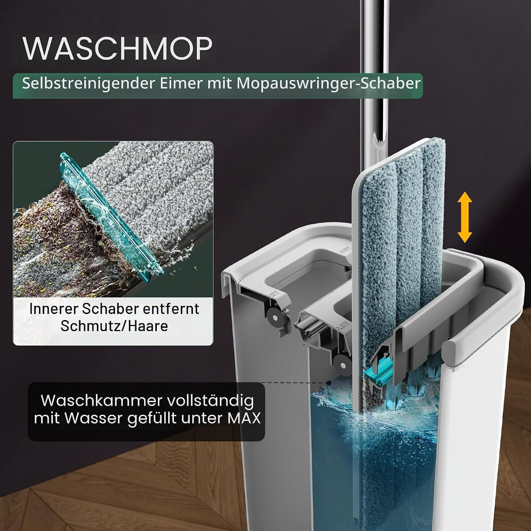 JOYMOOP Wischmopp und Eimer mit Auswringer-Set, weisses flaches Squeeze-Mopp-Eimer-Set für Bodenrein