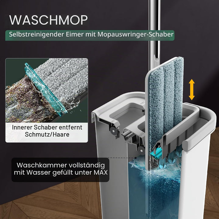 JOYMOOP Wischmopp und Eimer mit Auswringer-Set, weisses flaches Squeeze-Mopp-Eimer-Set für Bodenrein