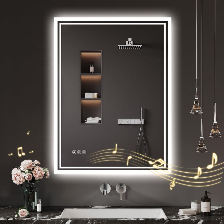 Badspiegel-mit-Beleuchtung 60x80cm: LED Badezimmer-Spiegel Badezimmerspiegel mit Bluetooth, Beschlag