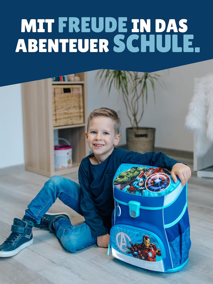 Familando - Scooli Campus Fit Schulranzen Set - 10-teilig mit Schultüte - Marvel Avengers Hell-Blau
