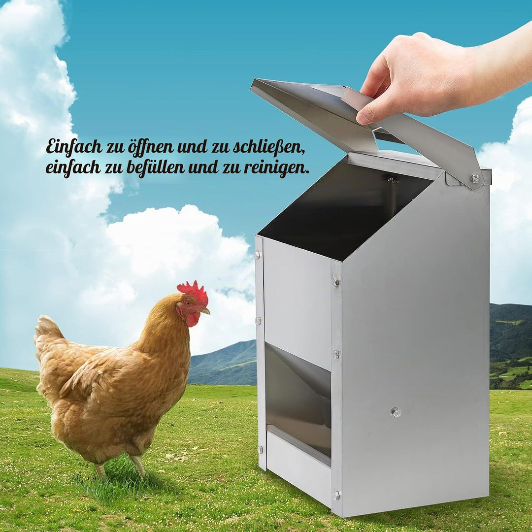 MUALROUS 4.5Kg Edelstahl Hühnerfutterspender Kein Abfall Automatischer Geflügelfutterspender mit Dec