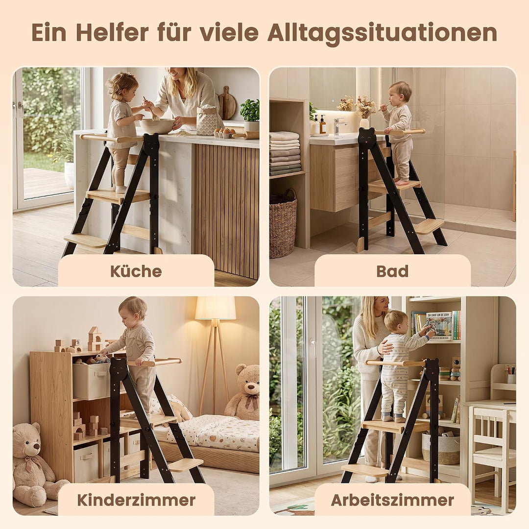 Lernturm Klappbar & 3-Fach Höhenverstellbar - Kippsicherer Learning Tower aus Kiefernholz - Mitwachs