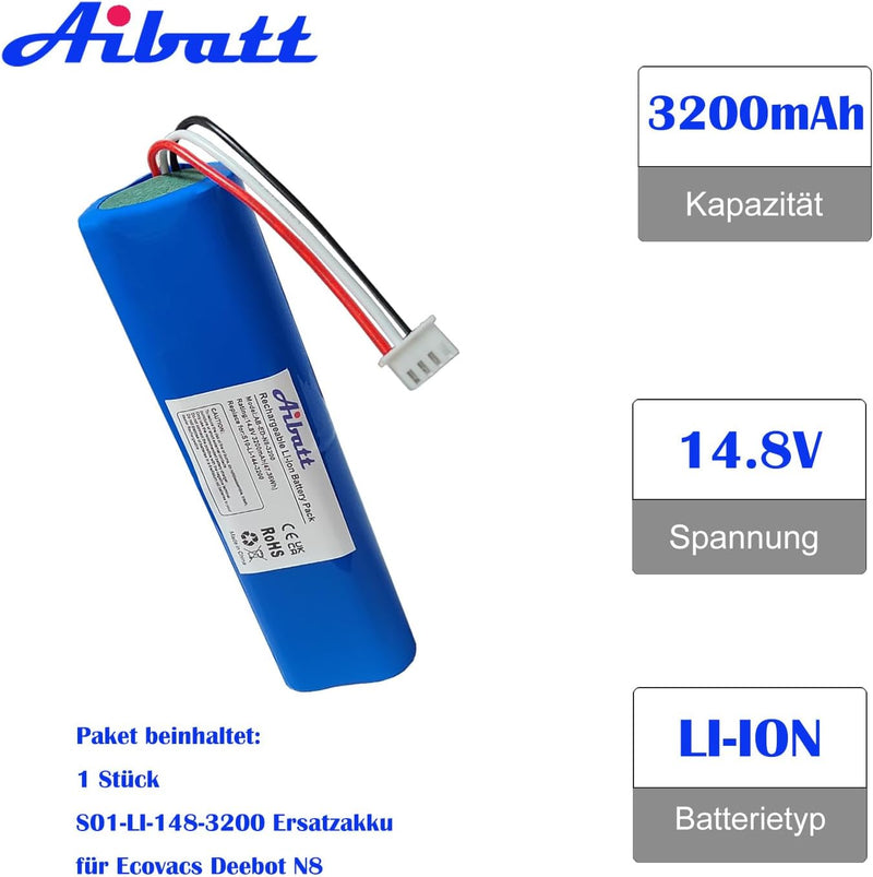 Aibatt 14.8V 3200mAh Li-Ion Akku, Ersatzakku für Ecovacs Deebot N8, Deebot N8+, Deebot N8 Pro, Deebo