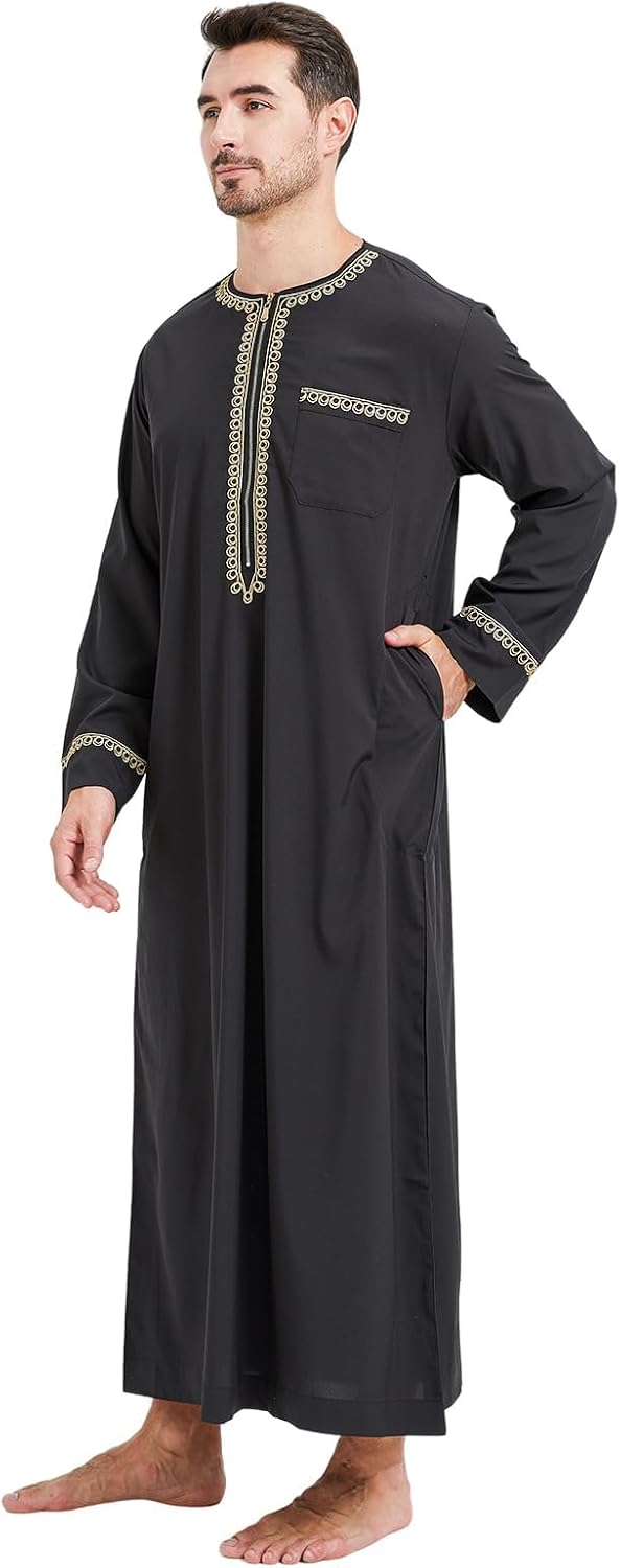 Kaftan Herren Gebetskleidung für Männer Islam Schwarz Abaya Herren Langarm Arabische Kleidung Herren