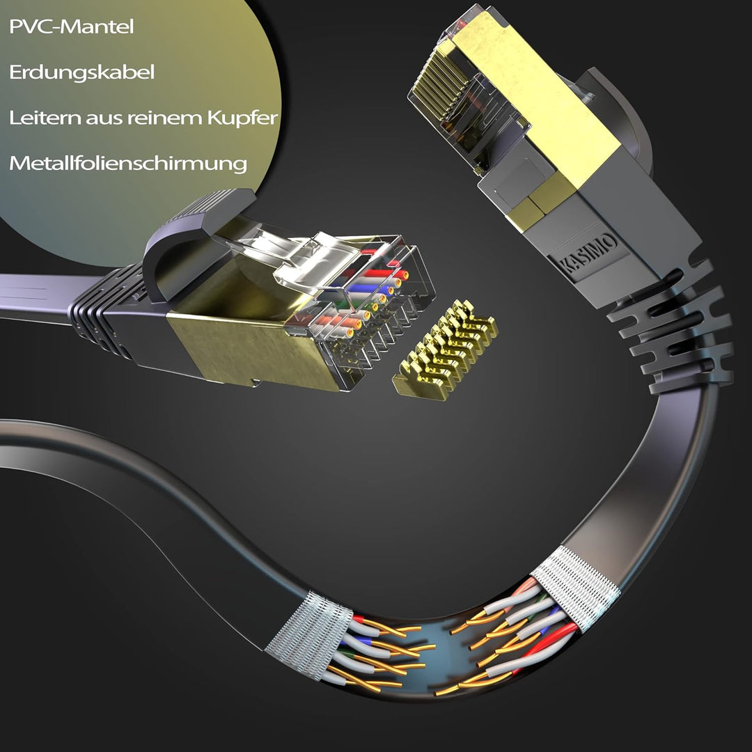 KASIMO Cat7-Gigabit-Ethernet-Kabel, 20 m, schwarz, Hochgeschwindigkeits-Flach-RJ45, kompatibel mit P