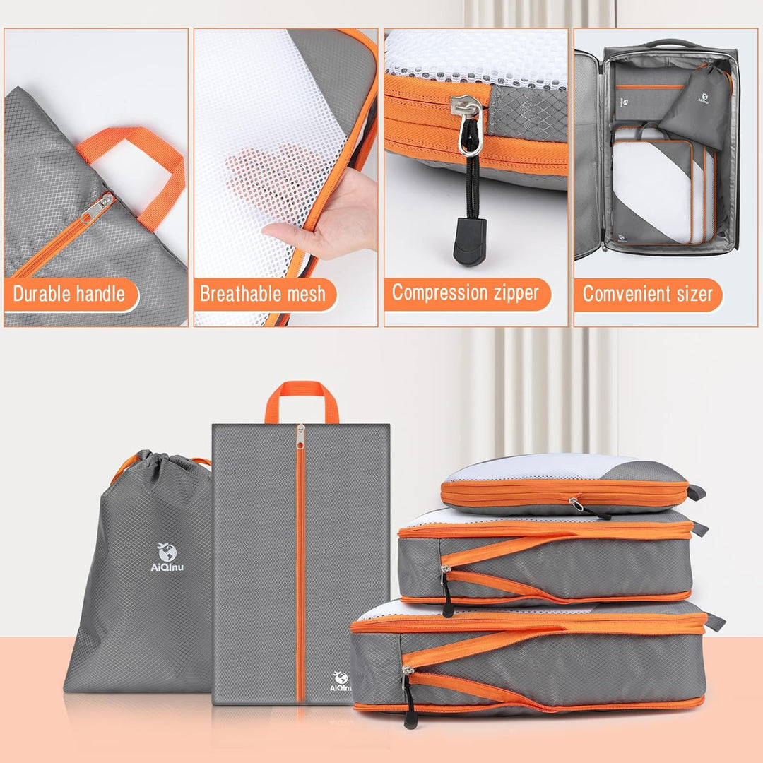 AiQInu Packing Cubes Compression, 5 Stück Packtaschen Kompression Koffer Organizer Set mit Wäschebeu