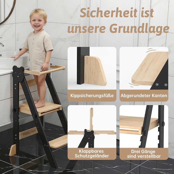 Lernturm Klappbar & 3-Fach Höhenverstellbar - Kippsicherer Learning Tower aus Kiefernholz - Mitwachs