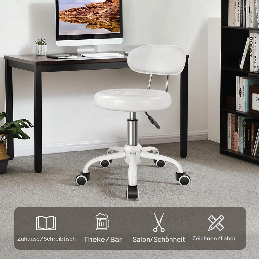 WKWKER Rollhocker mit Rädern Drehhocker mit höhenverstellbarer Rückenlehne PU-Leder-Rollhocker, idea