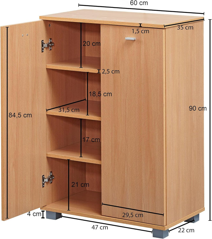 Wohnling Design Schuhschrank Nimes modern Holz Buche 12 Paar Schuhe 4 Fächer 2 Türen, Schuhregal 60