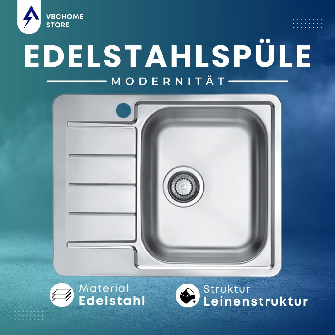 VBChome Edelstahlspüle 62x50 cm Satinstruktur Einbauspüle Spülbecken mit Hahnloch Abtropffläche Link