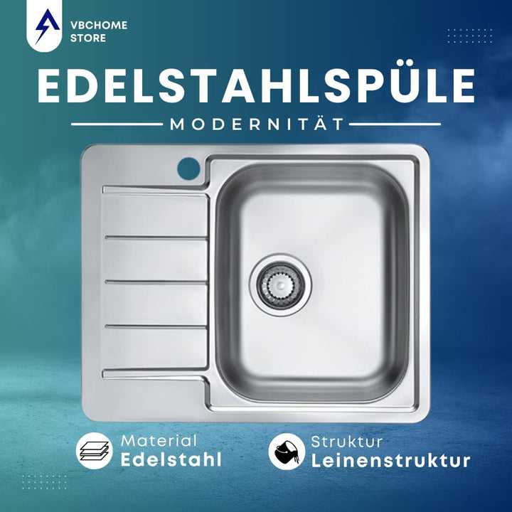 VBChome Edelstahlspüle 62x50 cm Satinstruktur Einbauspüle Spülbecken mit Hahnloch Abtropffläche Link