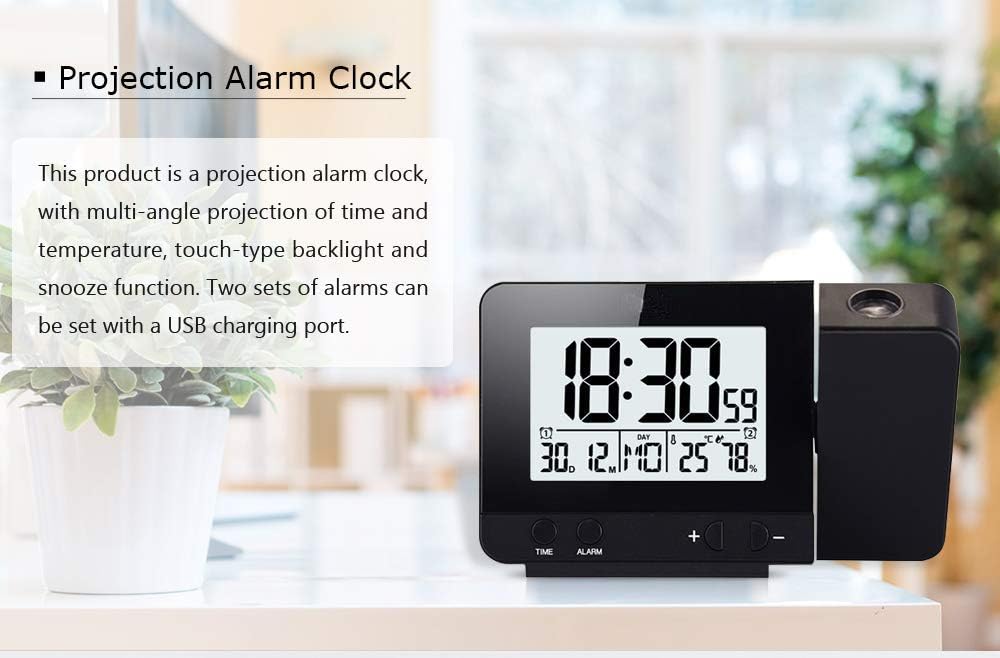 VORRINC Projektionswecker Digital Uhr mit USB Anschluss, Innentemperaturanzeige und Datumsanzeige, 4