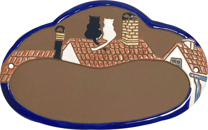 Handarbeit aus Schleswig-Holstein Keramikschild 19,5 x 12,5 cm Motiv Zwei Katzen auf Dachfirst (brau