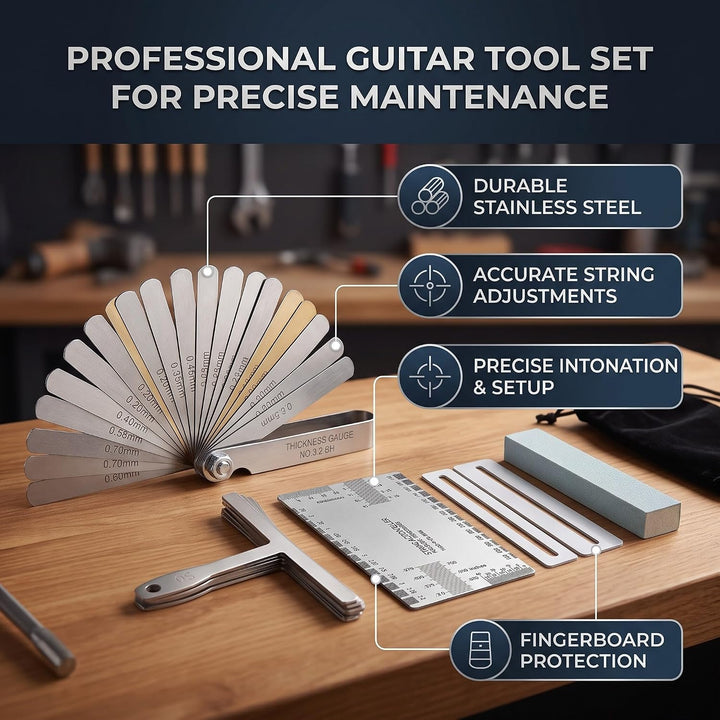 Das Gitarren-Werkzeugset mit Sander Radius Gauge String Action Lineal Griffbrettschutz eignet sich z
