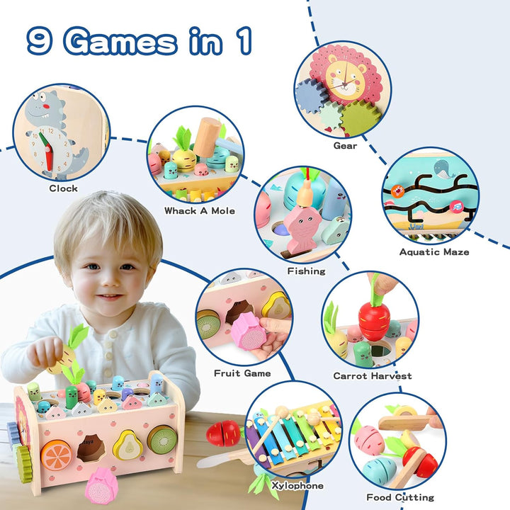Montessori Spielzeug ab 1 Jahr, 9 in1 Kinderspielzeug Holzspielzeug Motorikspielzeug Hammerspiel Ste