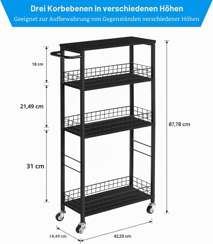 CADUKE 4 Tier schlanker Lagerwagen, schmaler Küchenwagen auf Rädern, Utility Rolling Cart mit Holzti