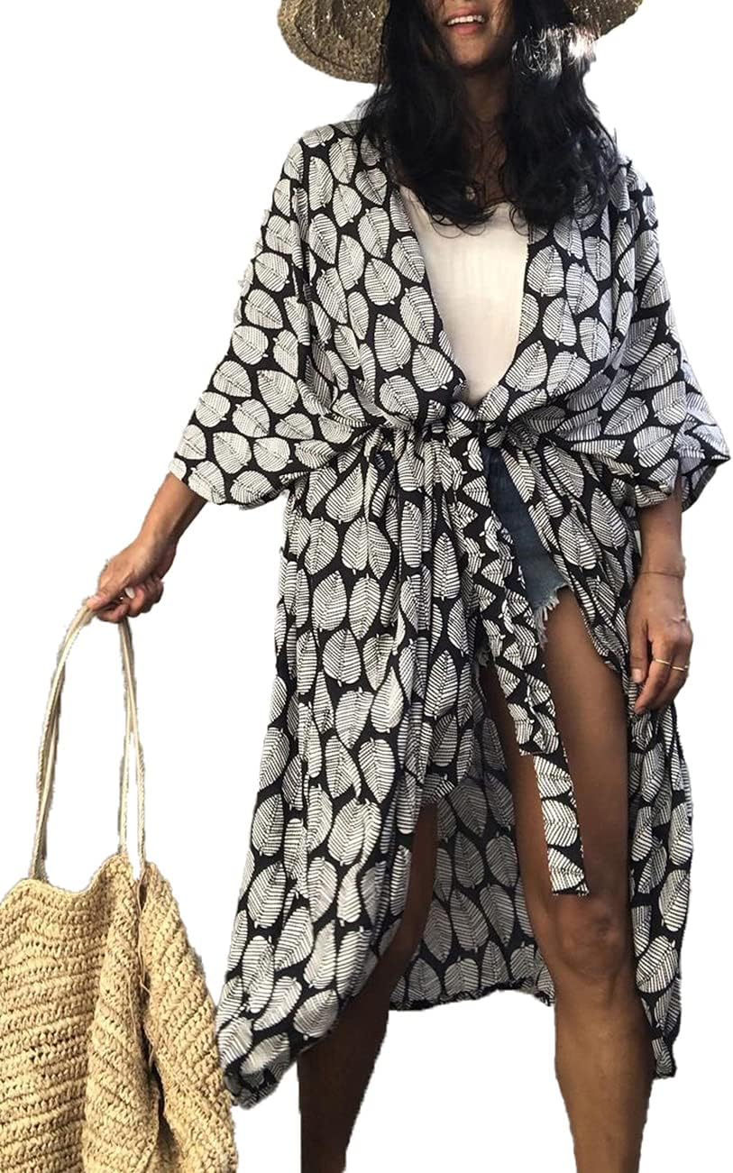 Bsubseach Stylish Tie Dye Open Front Long Kimono Strandkleid für Damen H-schwarz, H-schwarz