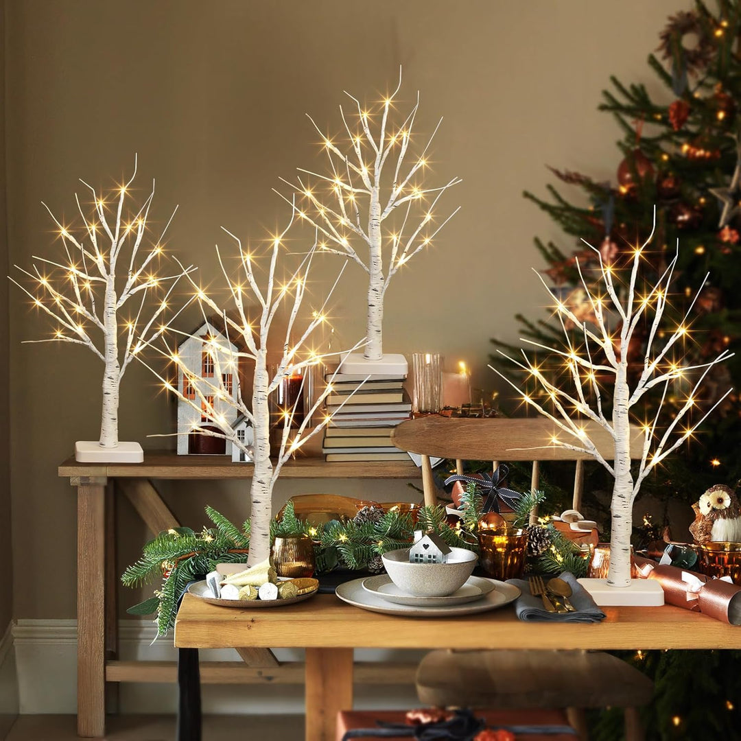 4er Set Lichterbaum mit 24 Warmweissen LEDs Birken Bäumchen mit Timer-Funktion Dekozweige Batteriebe