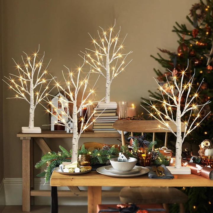 4er Set Lichterbaum mit 24 Warmweissen LEDs Birken Bäumchen mit Timer-Funktion Dekozweige Batteriebe