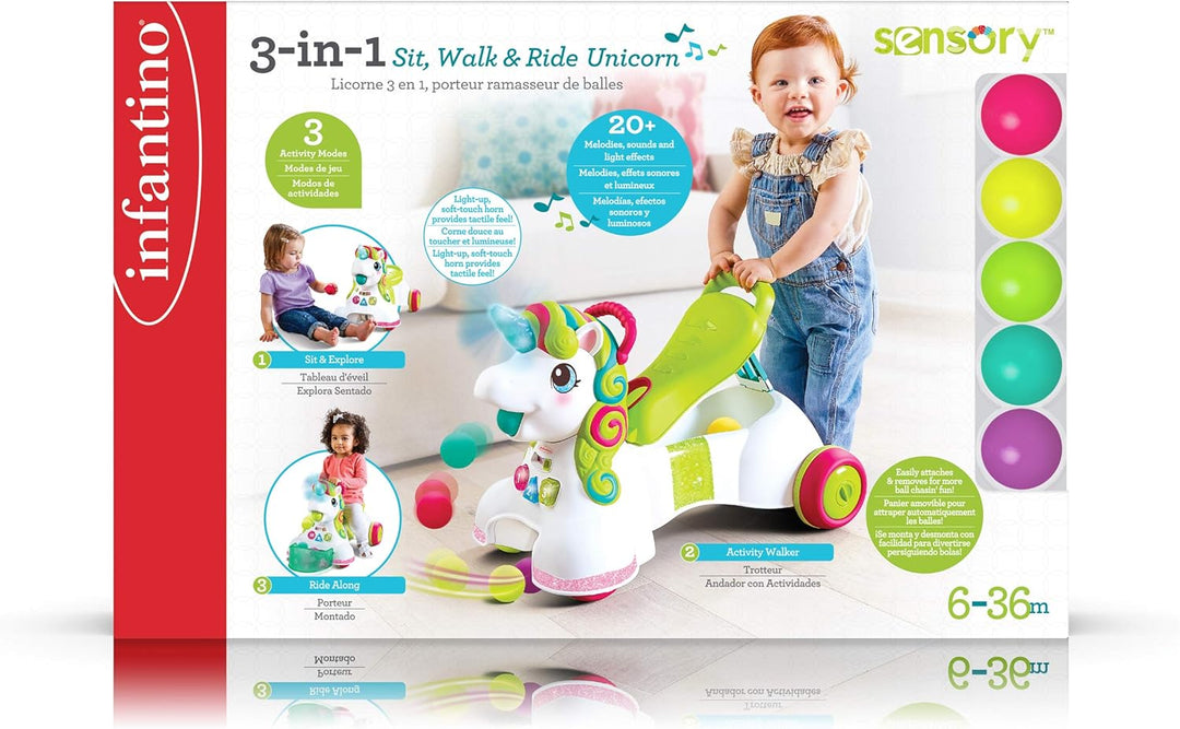 INFANTINO - Interactive Unicorn Carrier/Walker - with 5 Balls - 3 Sounds and Light Modes - Multicolo