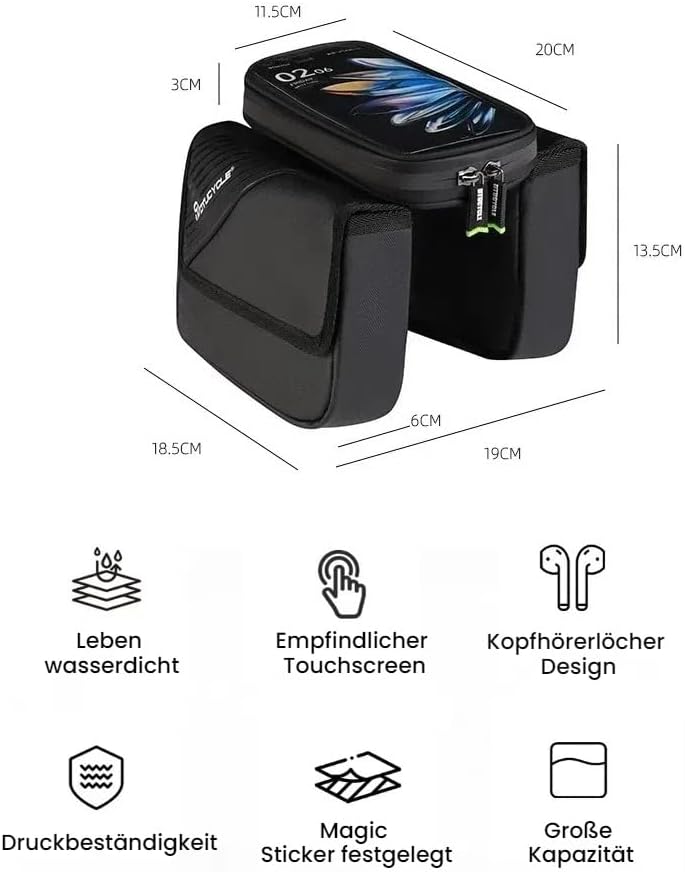 wasserdichte Fahrrad-Lenker-Tasche, 2,5 Liter, geeignet für Smartphones bis zu Einer Grösse von 6,8