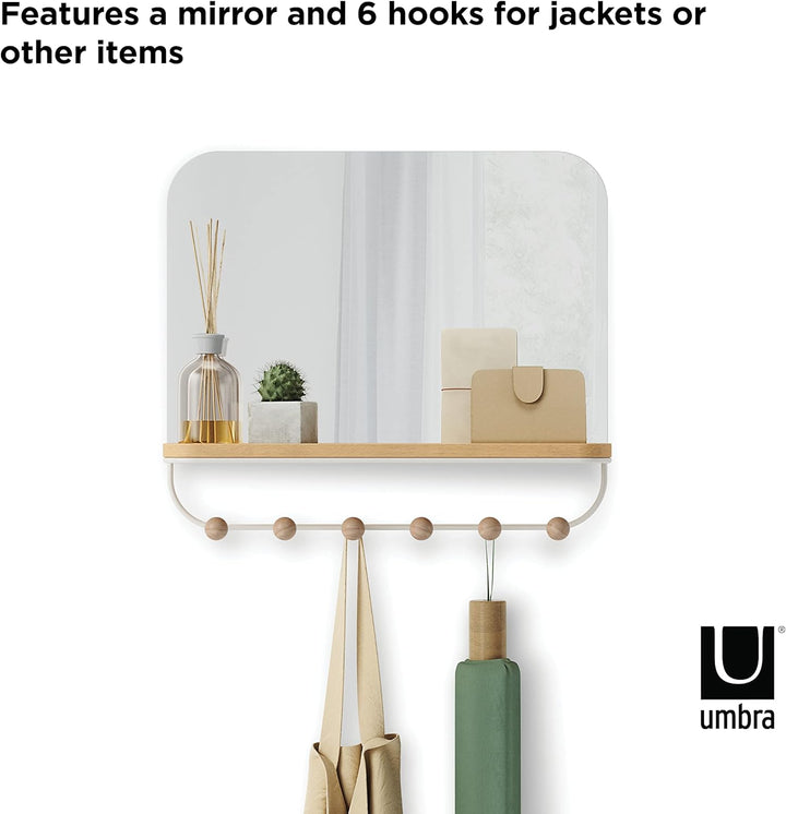 Umbra Estique Wandspiegel mit Ablage und 6 Haken, Accessoire Organizer für den Eingang, Weiss Weiss