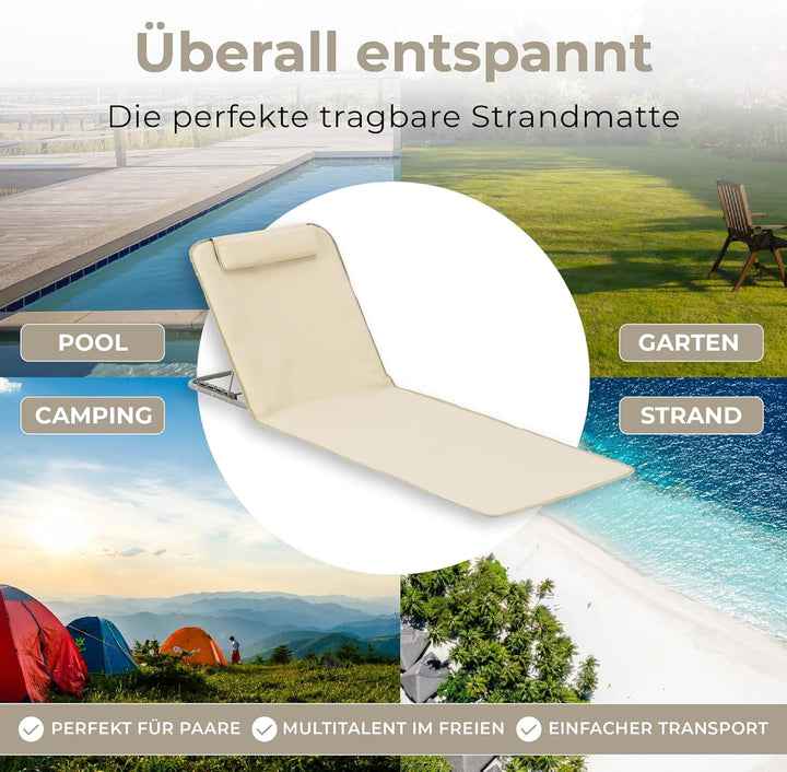[en.casa] Strandmatte Donostia 2er Set Sonnenmatte klappbar Beige Strandliege mit Verstellbarer Rück
