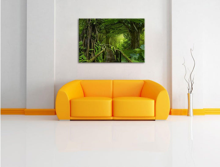 Pixxprint Weg durch den Tropenwald / 100x70cm Leinwandbild bespannt auf Holzrahmen/Wandbild Kunstdru