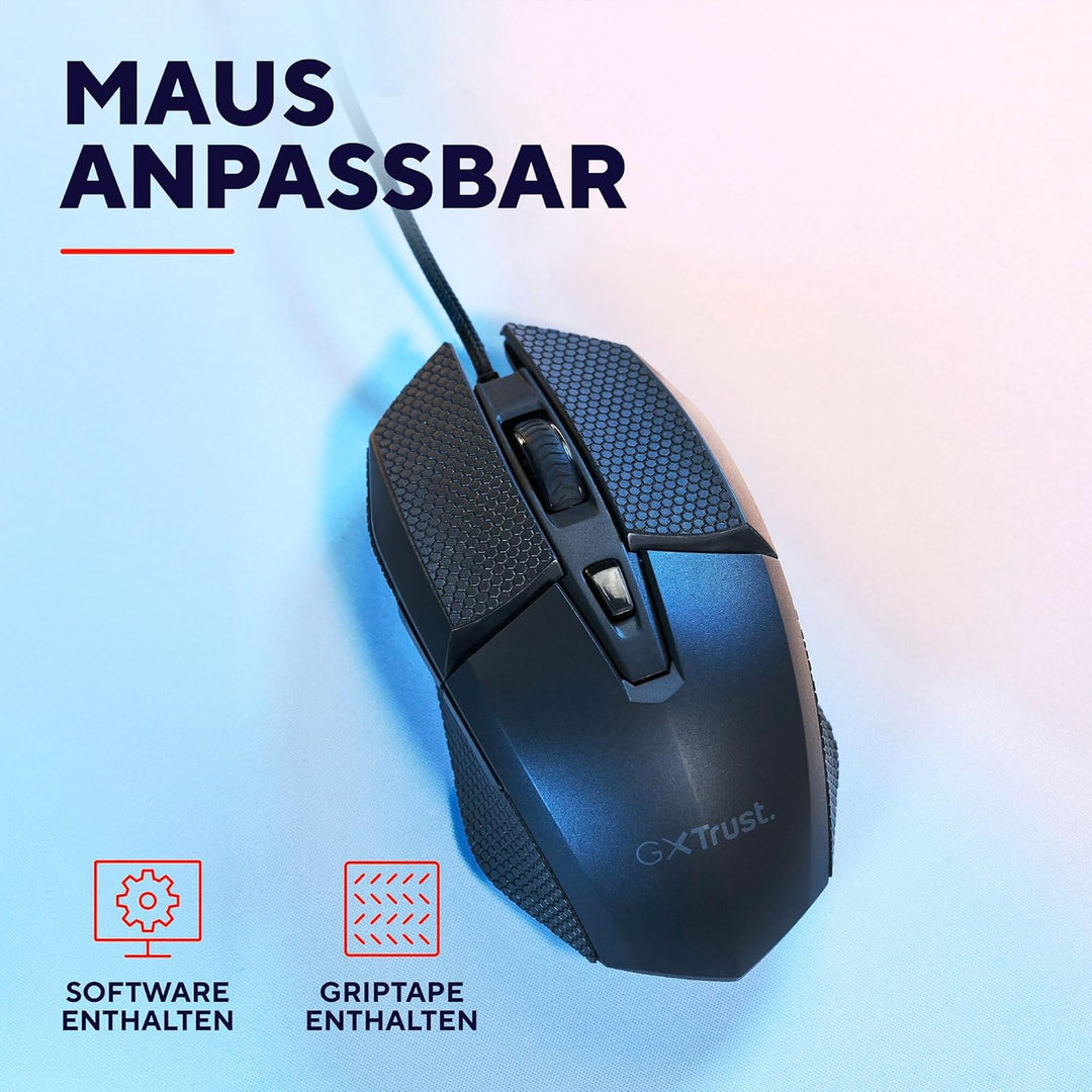 GXTrust 121 Felox+ Programmierbare Gaming Maus mit Grip Pads, 10000 DPI, USB Kabel 180 cm, Mehrfarbi