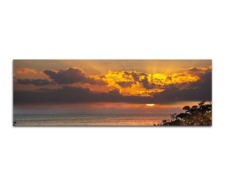 Paul Sinus Art Panoramabild auf Leinwand und Keilrahmen 150x50cm Steg Strand Meer Wolken Sonnenunter