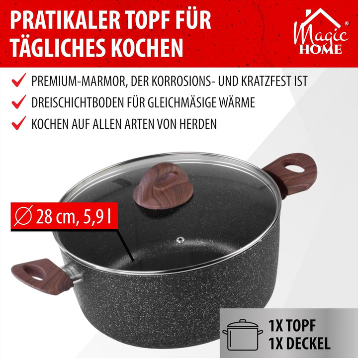MAGIC HOME Aluguss Topf 28 cm INDUKTION | Marmor Antihaft | Grosser Beschichteter Kochtopf mit Glasd