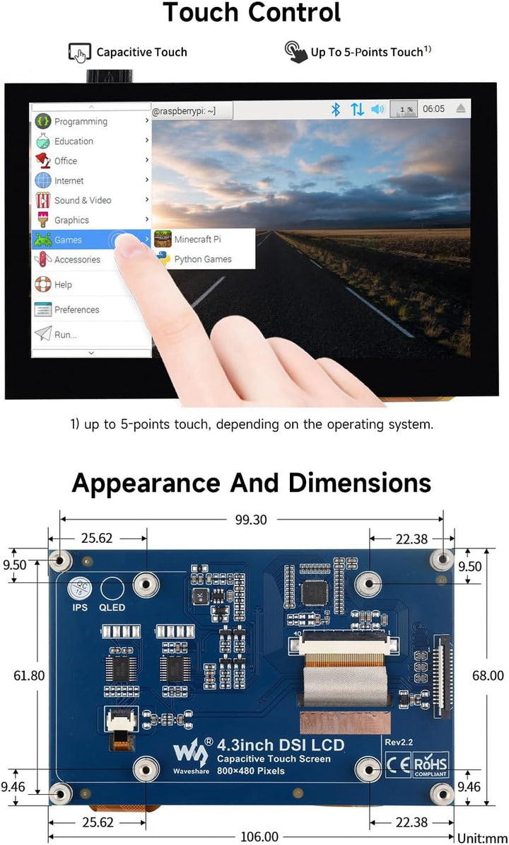 Waveshare 4.3inch LCD Capacitive Touch Display for Raspberry Pi 4B/3B+/3A+/3B/2B/B+/A+ 800×480 IPS W
