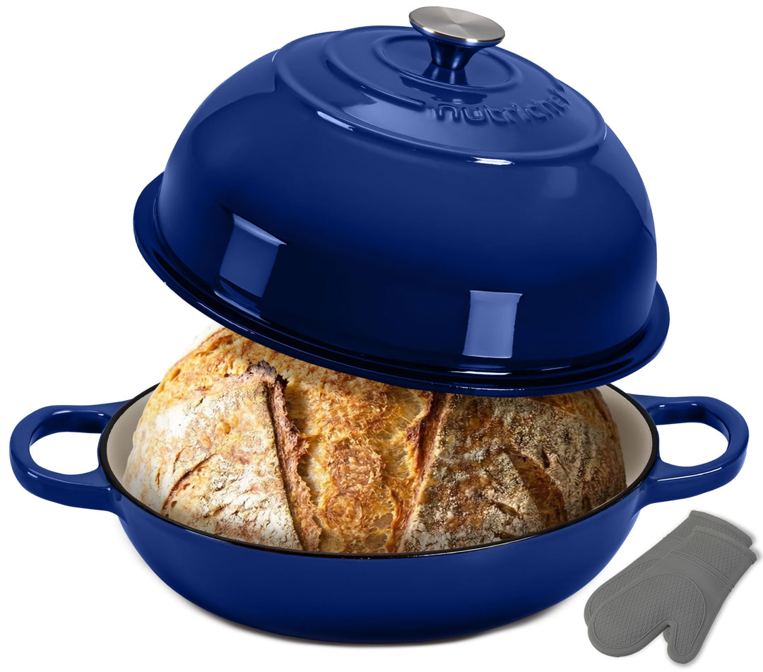 NutriChef Gusseisentopf zum Brotbacken 26 cm Dutch Oven Emailliert Blau– Mit Deckel und Griffen – In