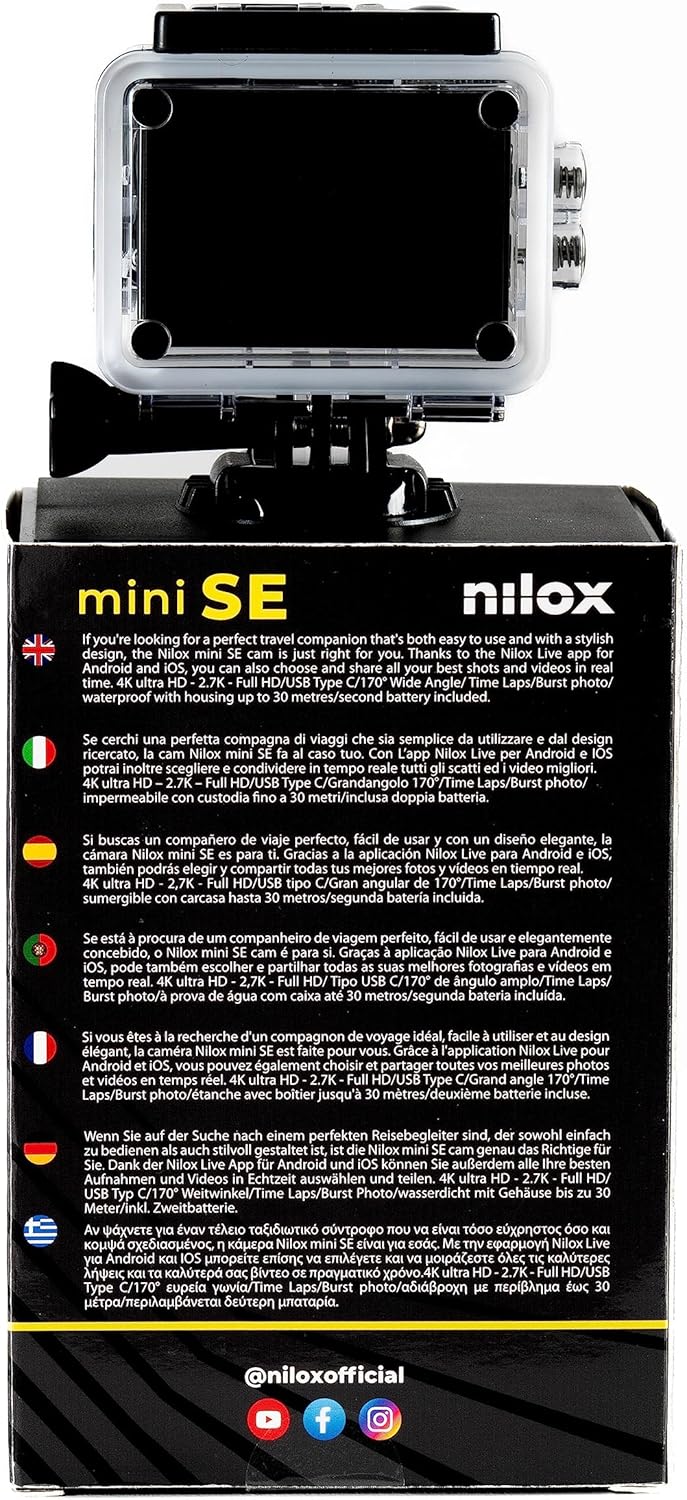 Nilox Action Cam Mini-SE, 4k WiFi Actionkamera mit 4K/30fps Auflösung, Elektronischer Stabilisator,
