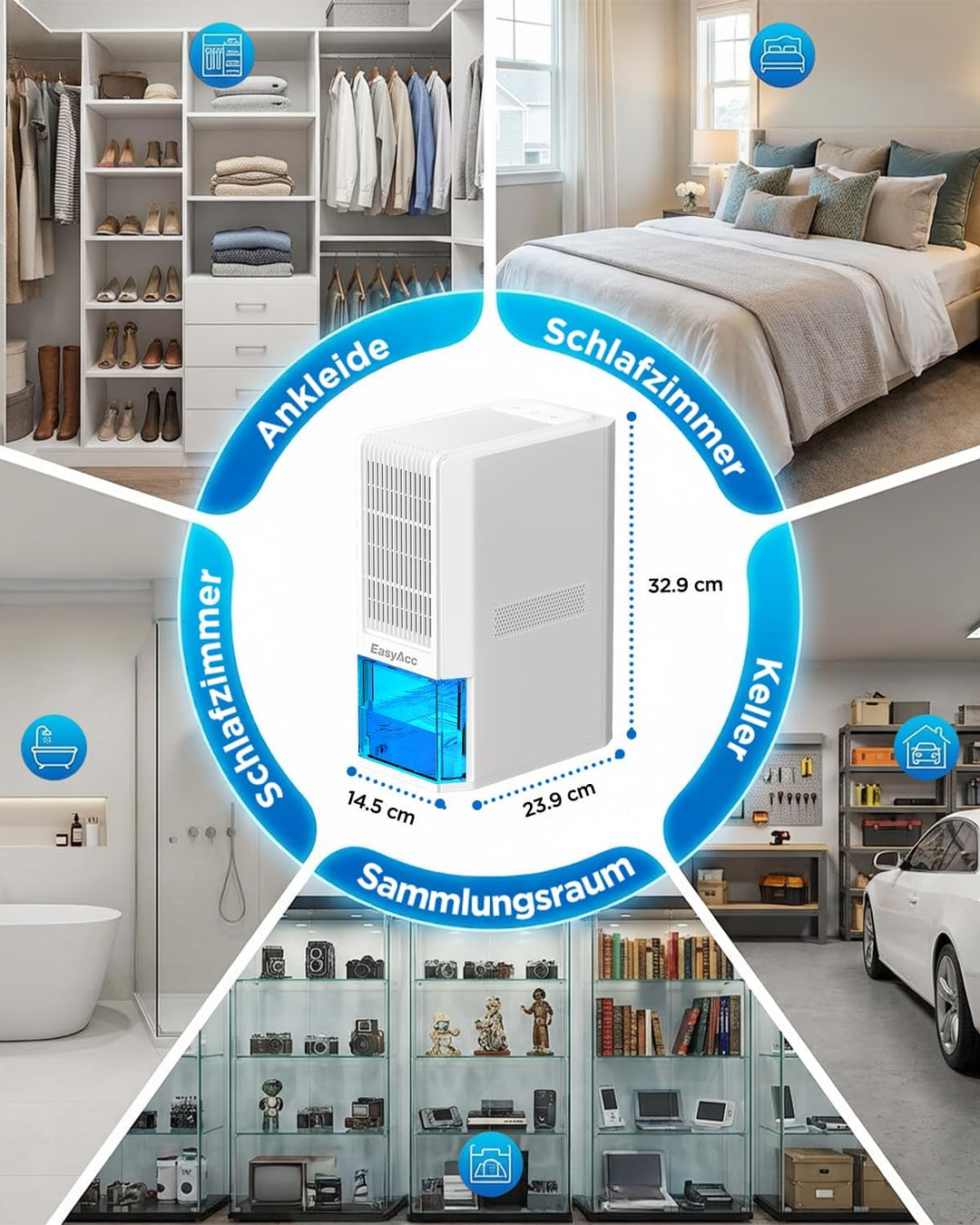 EasyAcc Badezimmer Luftentfeuchter Elektrisch 2000mL Innovativer Luftentfeuchter 1,3L/Tag, Effizient