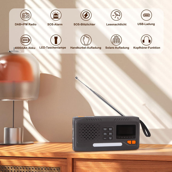 Notfallradio, Kurbelradio, FM/DAB+/DAB tragbares Solarradio mit 4000mAh Powerbank, Telefon-Ladegerät