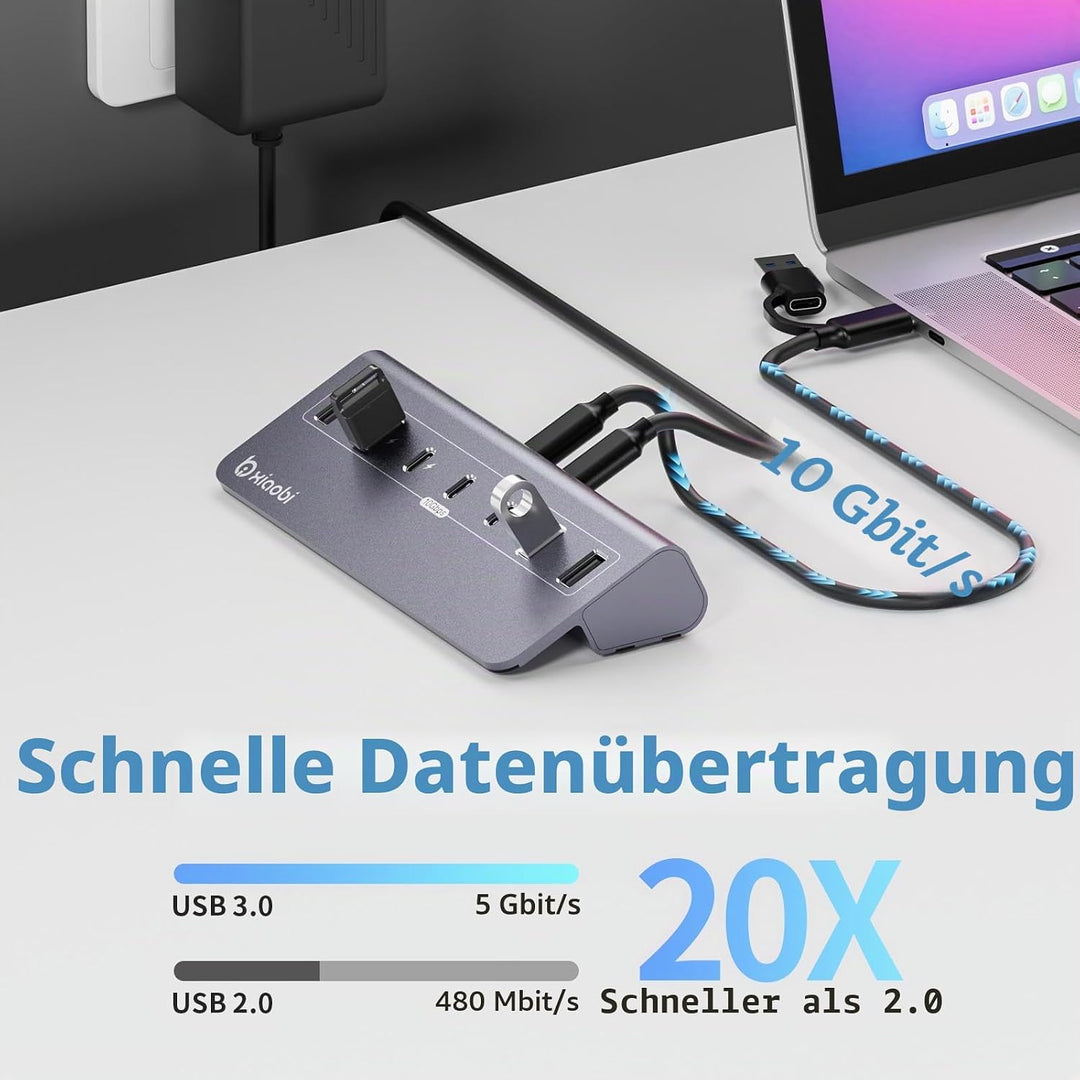USB Hub mit Netzteil, 7 Port USB Hub 3.2 Gen 2, 10 Gbps USB Verteiler mit Netzteil 5V 3A Powered USB