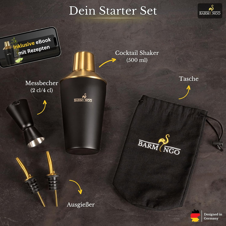BARMINGO® Cocktail Shaker Set 5tlg. – 500ml Edelstahl Cocktail Shaker mit Bar Zubehör, Cocktail Set