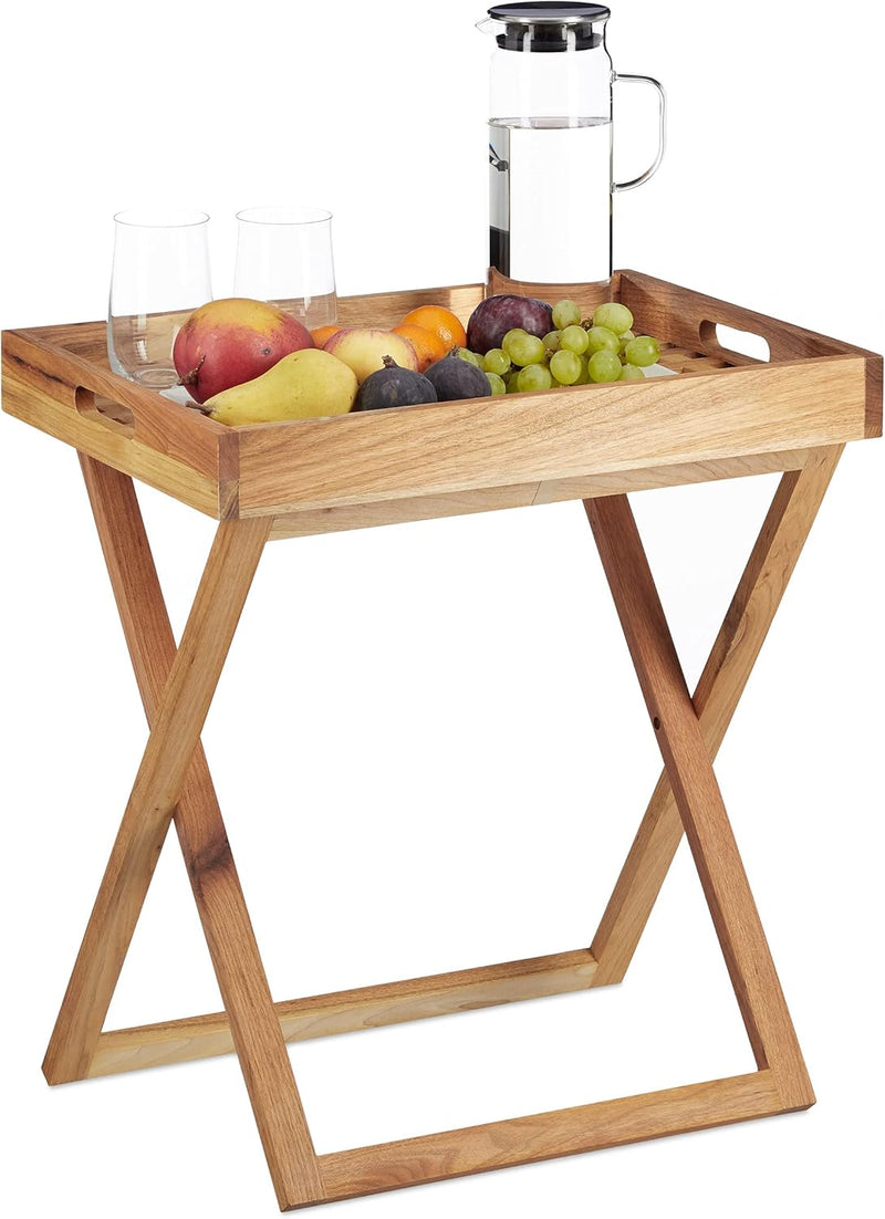 Relaxdays Tabletttisch klappbar, Serviertisch Walnuss-Holz, Klapptisch klein, Serviertablett, HxBxT: