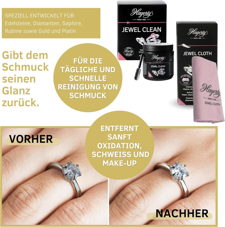 Hagerty Set Jewel Clean Schmucktauchbad + Jewel Cloth Schmuck Reinigungstuch für Edelsteine Gold Pla