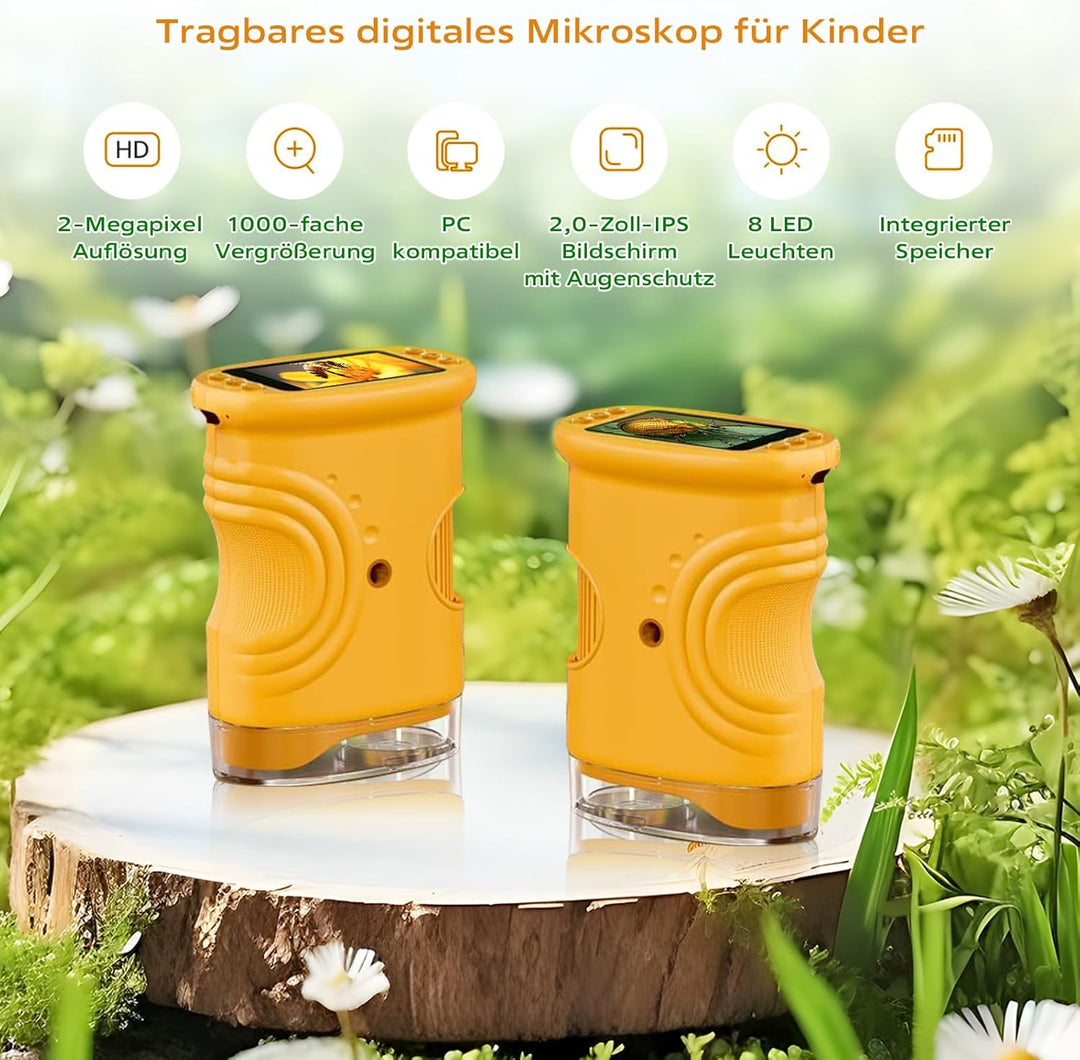 Digitales Mikroskop für Kinder, 1000X Vergrösserung mit 2.0" IPS Bildschirm, USB Wiederaufladbar und