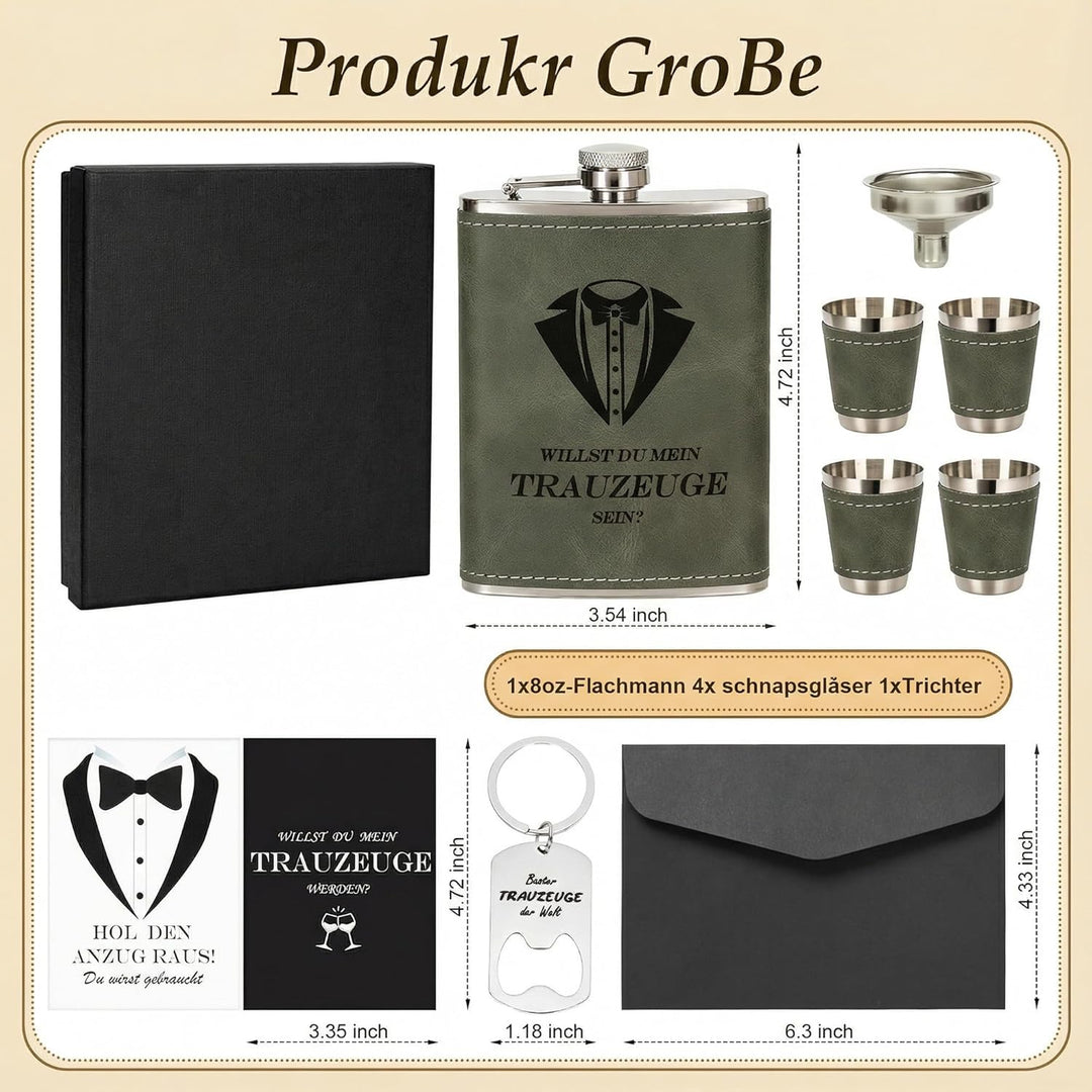 Personalisiertes Flachmann Geschenkset 8oz mit Gravur – Edelstahl Flachmann, 4 Becher, Trichter & Ge